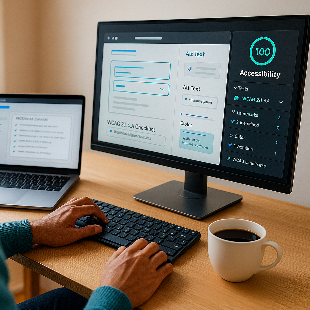 Inclusive design in practice: WCAG checklist next to a laptop showing a contrast checker and screen reader notes; cup of coffee on the desk.